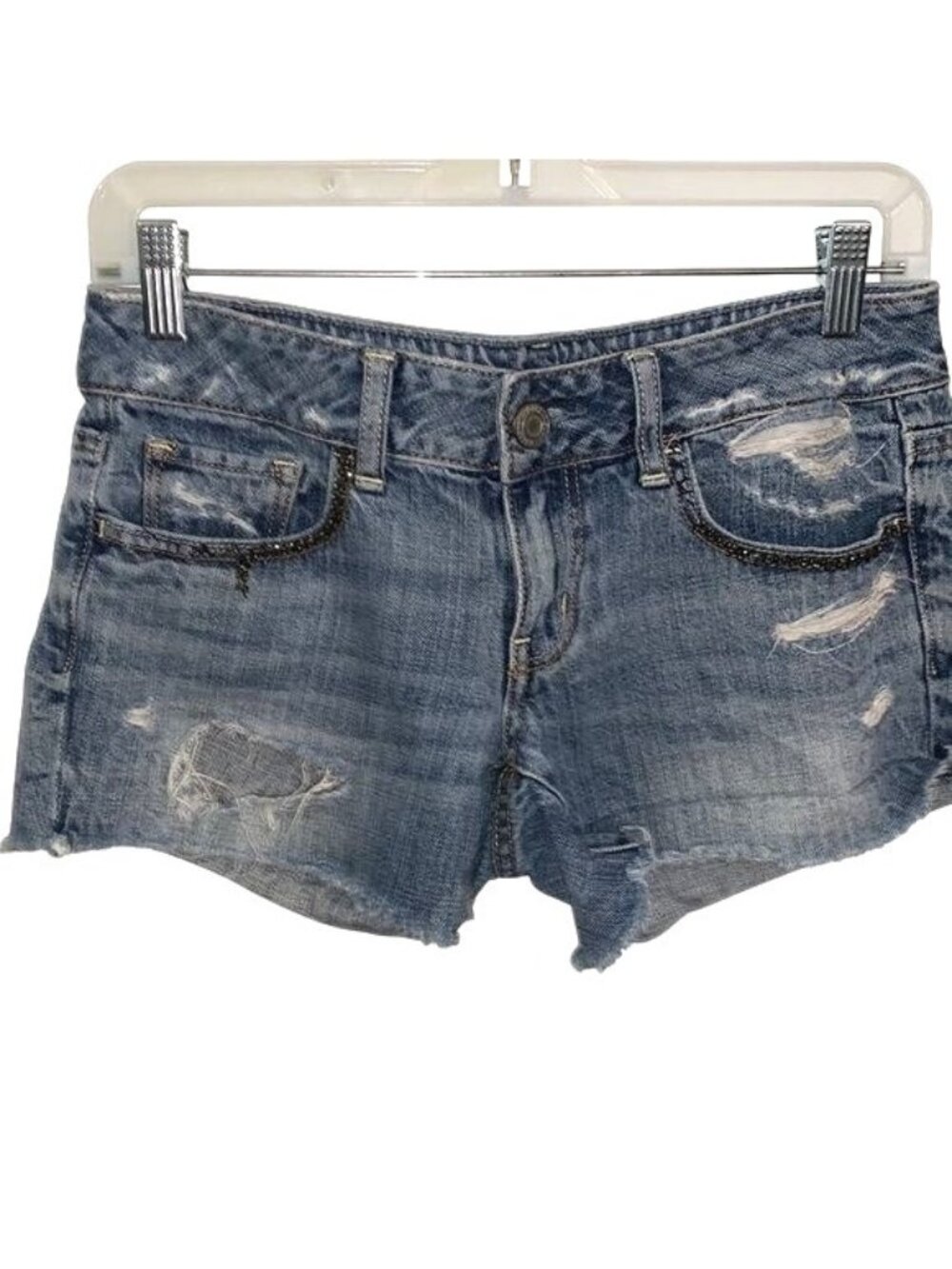 Distressed Denim Shorts With Beaded Trim Size 2